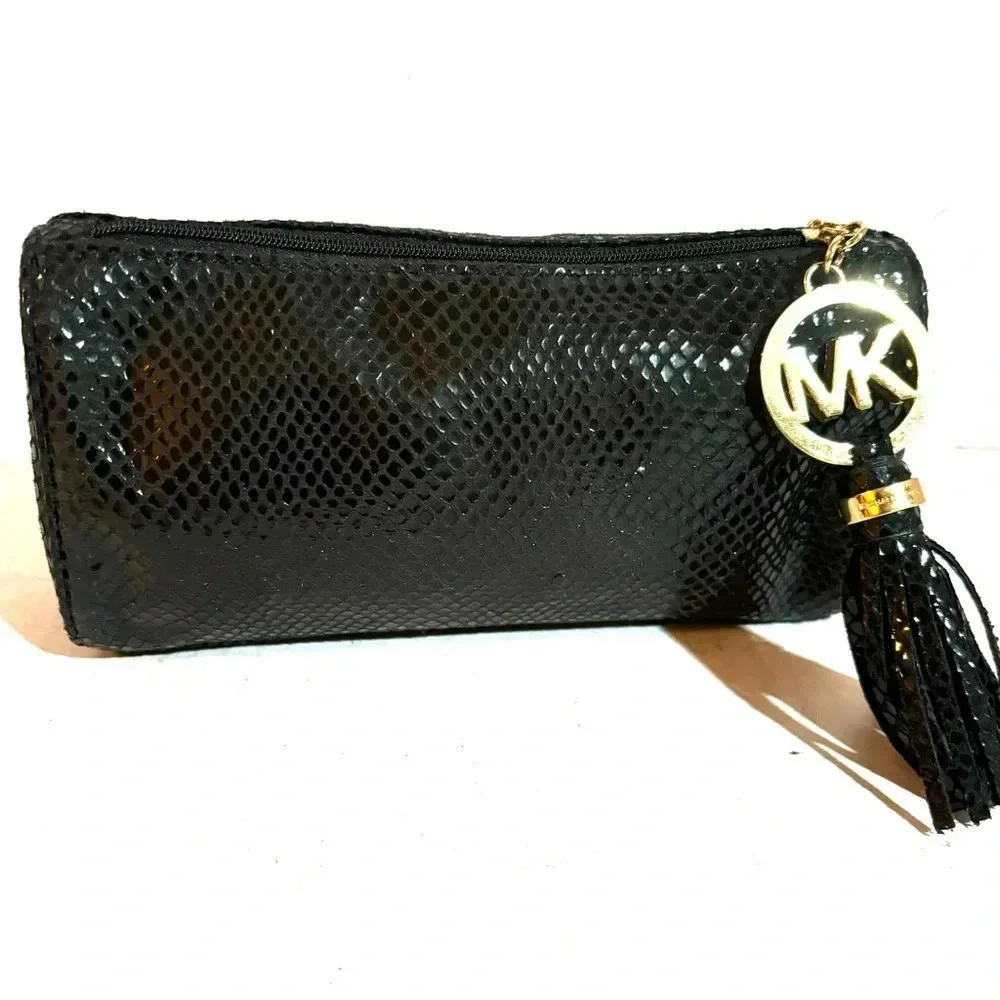 Michael kors black faux snakeskin metallic cosmetic bag